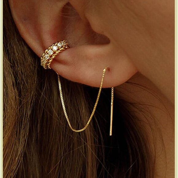 Jewelry - Gold Dangle Hoop Earrings Small Stud Drop Chain Dazzling Zirconia Jewelry